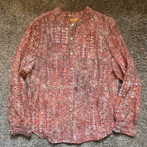 Ruby Rd. Boutique Red and Brown Roll Sleeves Button Up Blouse Size 16